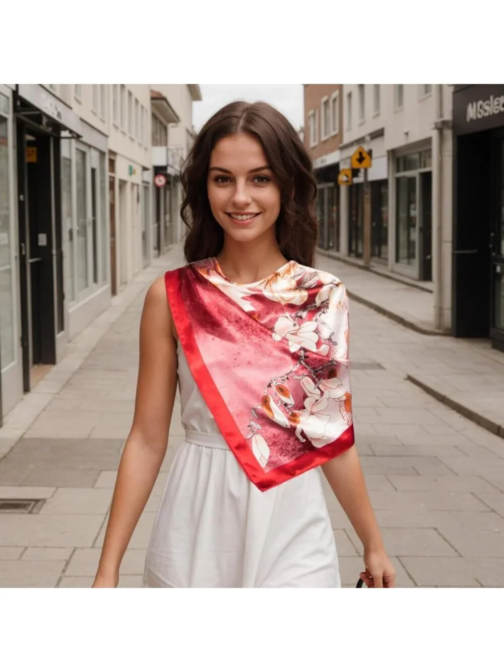 Women's Red Pink Printed Square Scarf Bandanas Hair Scarf 35 Inches